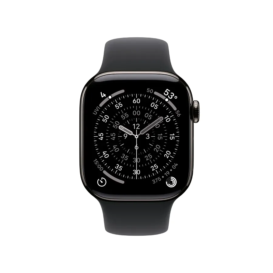 Apple Watch Series 11 GPS + Cellular,  Спортивний ремінець чорного кольору, M/L, 42mm, Slate Titanium
