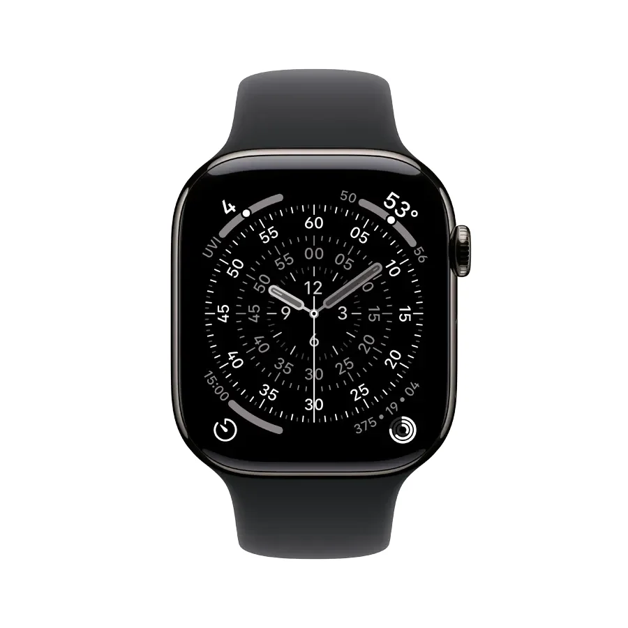 Apple Watch Series 11 GPS + Cellular,  Спортивний ремінець чорного кольору, S/M, 46mm, Slate Titanium