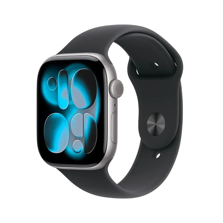 Apple Watch Series 11 GPS, Спортивний ремінець чорного кольору, M/L, 46mm, Space Grey Aluminium